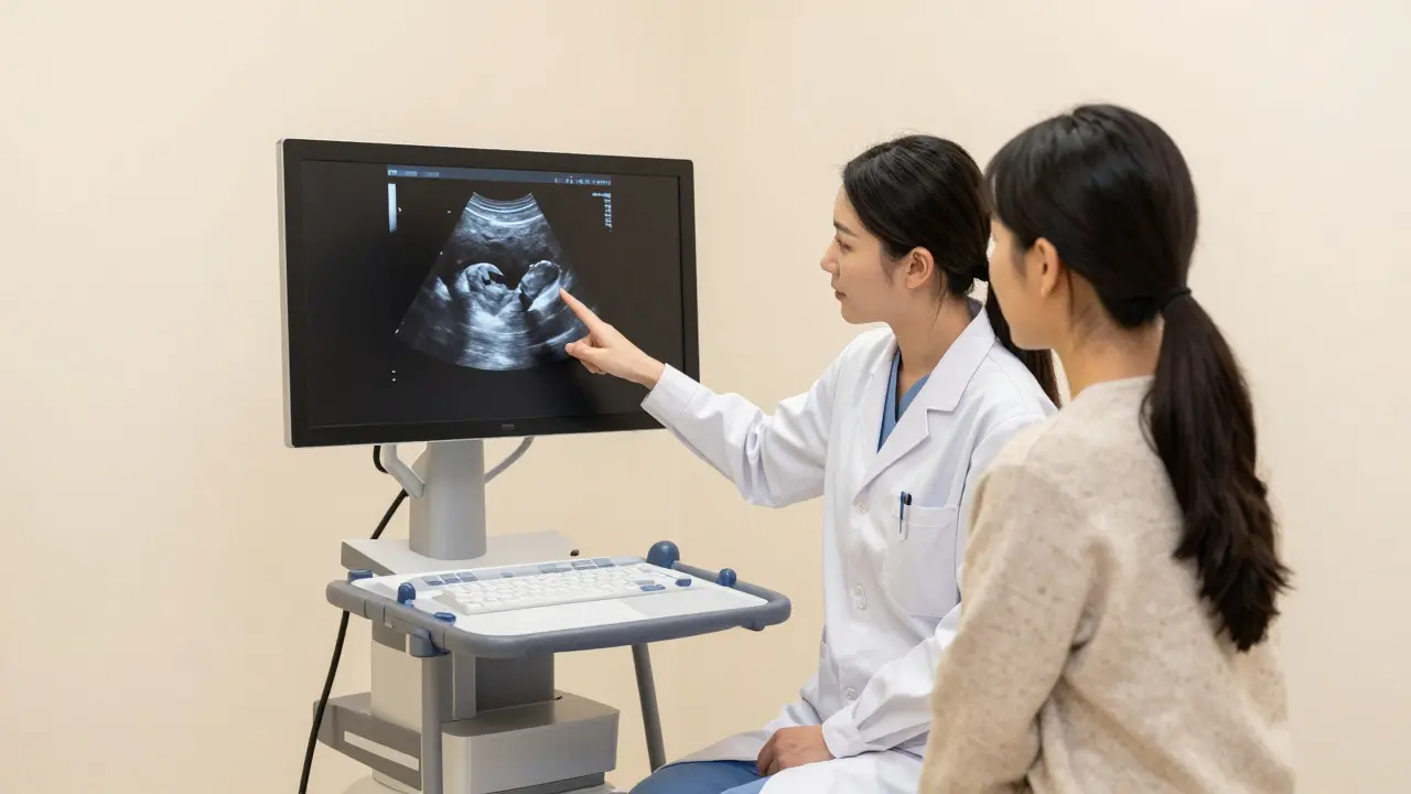 Gynekolog vysvětluje ultrazvukové vyšetření pacientce