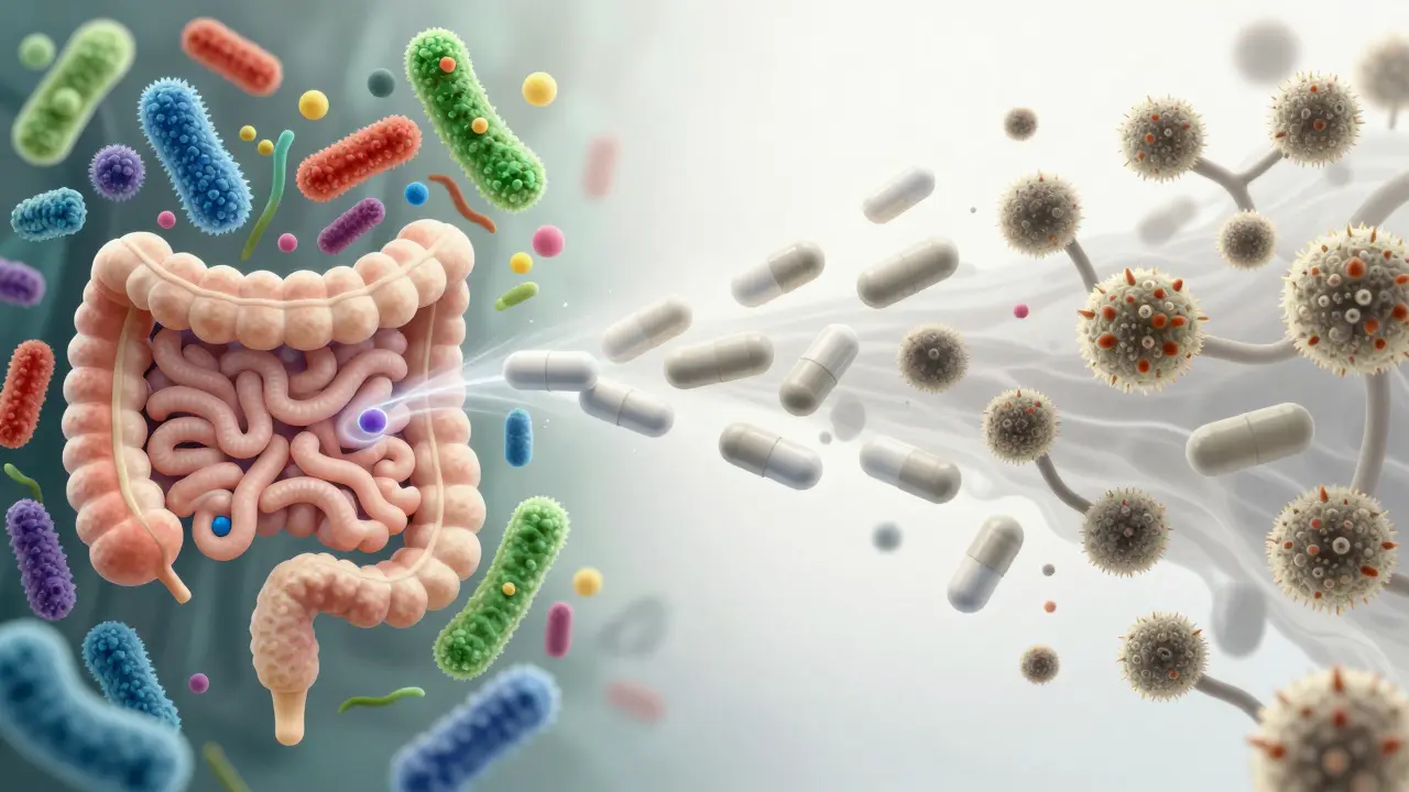 Konceptuální ilustrace účinku antibiotik na ničení prospěšných bakterií
