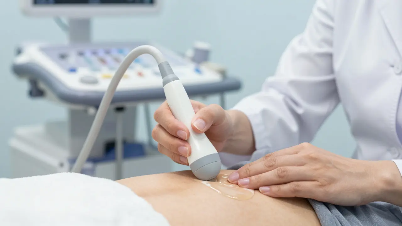 Lékař provádí jemné ultrazvukové vyšetření břicha