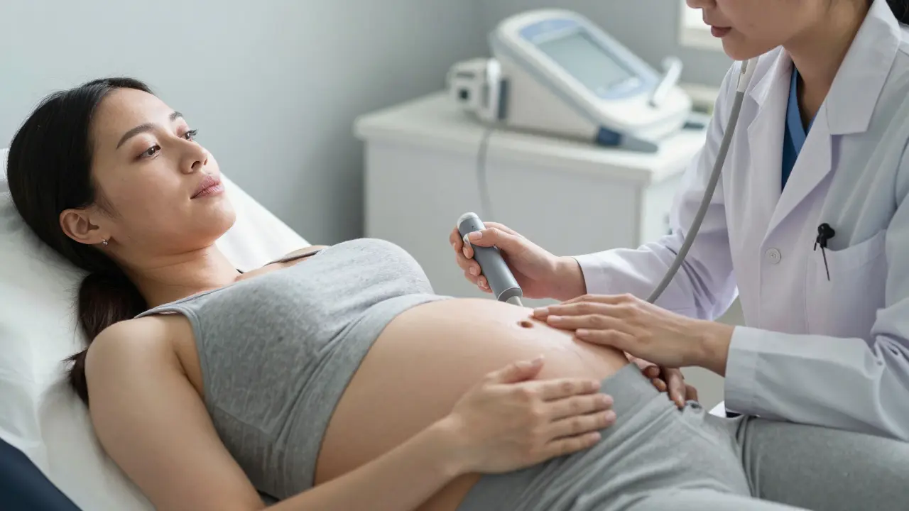 Lékařka naslouchá tepu plodu Dopplerem u těhotné ženy