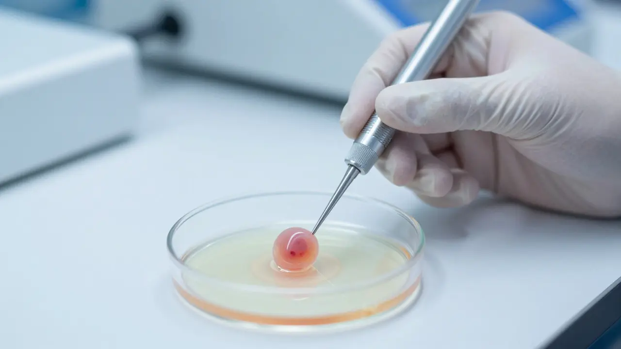 Makro záběr embrya ve zkumavce během procedury ICSI v laboratoři