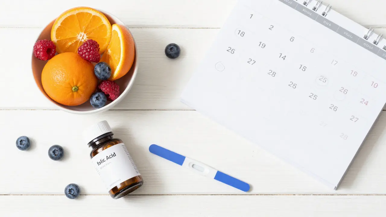 Ovulační test, vitamíny a ovoce na stole pro plánování těhotenství