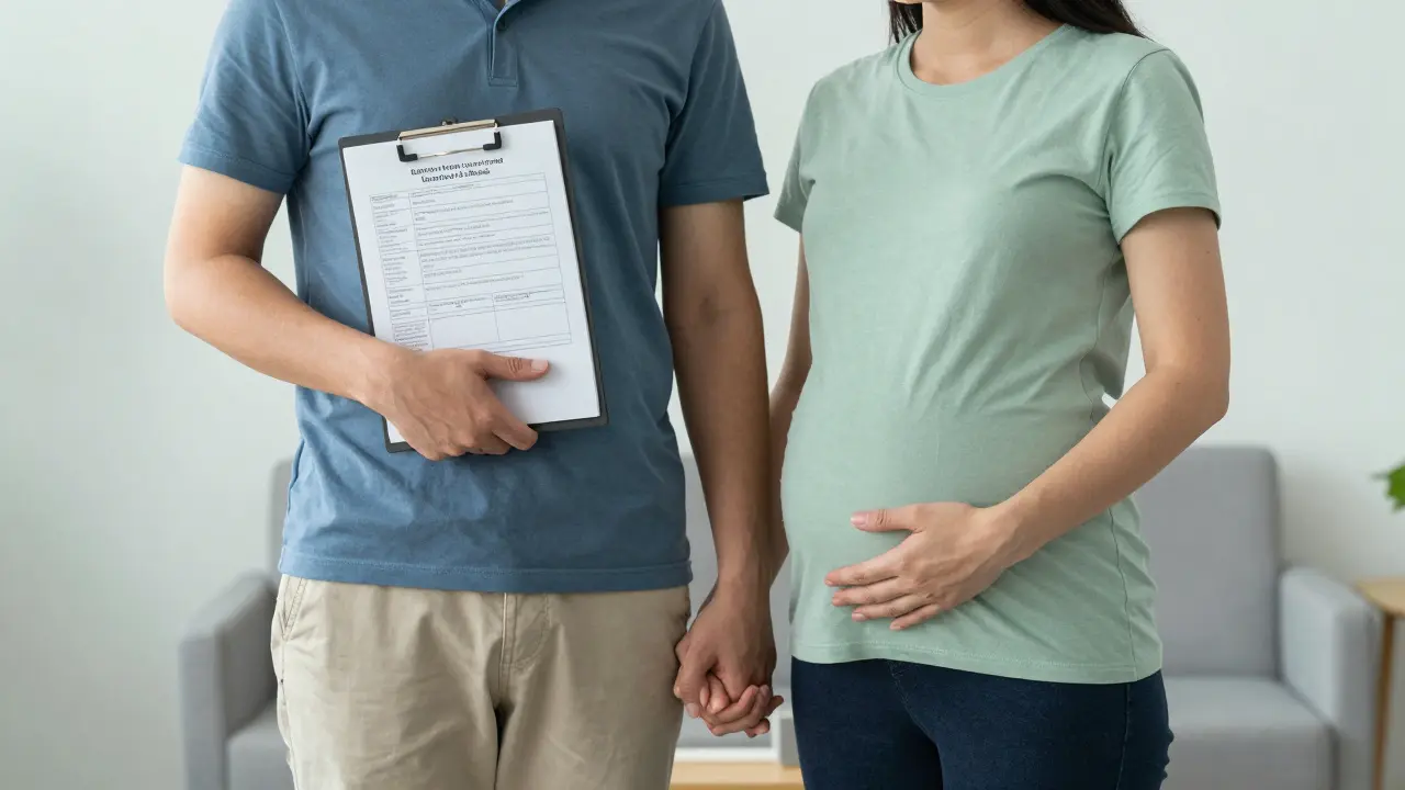Pár společně čekající na první gynekologické vyšetření