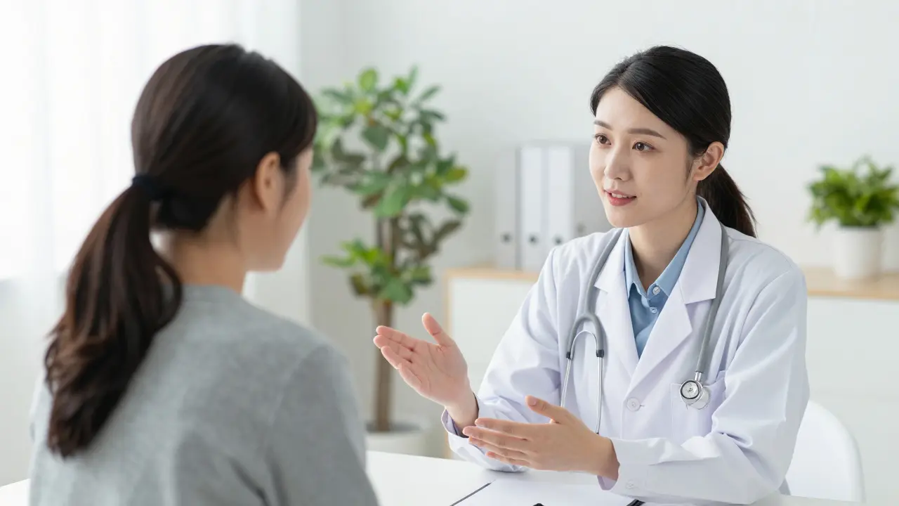 Podpůrná konzultace mezi pacientkou a gynekologem v moderní ordinaci