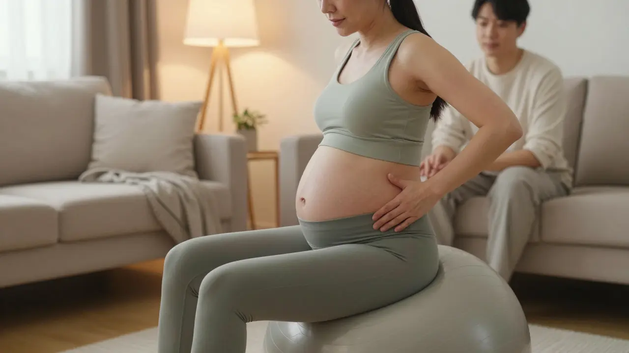 Těhotná žena cvičí na fitness míči v obýváku