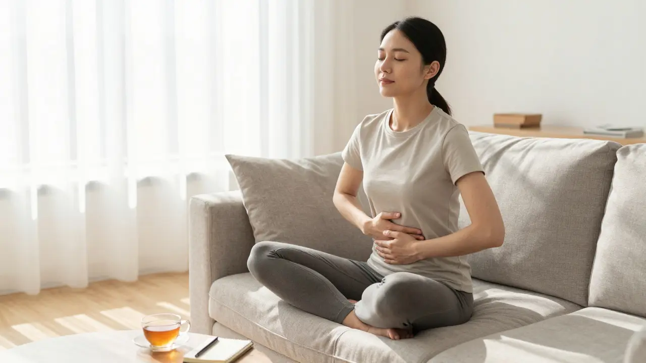 Žena praktikující relaxační dýchací cvičení pro přípravu na vyšetření