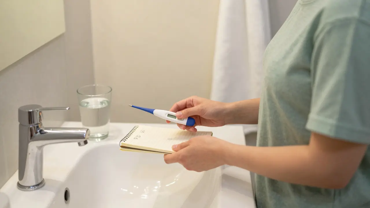 Žena sleduje plodnost pomocí teploty a poznámek v koupelně