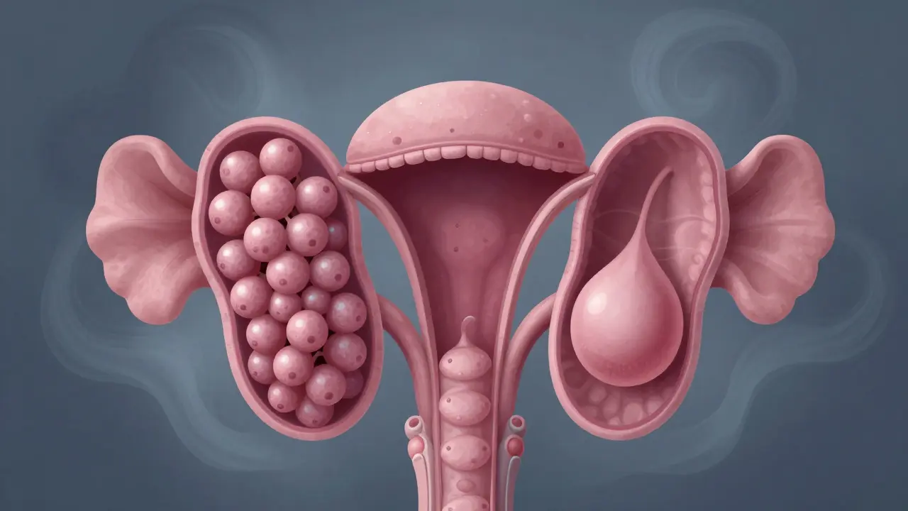Ilustrace polycystických ovarií s mnoha nezralými folikuly