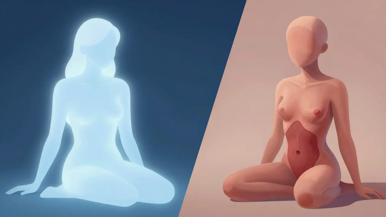 Konceptuální umění zobrazující rozdíl mezi biologickou realitou a kulturním pojetím panenství