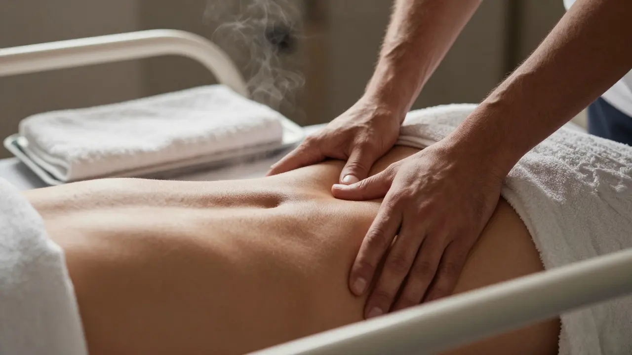 Partner aplikuje tlak na záda ženy při porodu pro úlevu od bolesti
