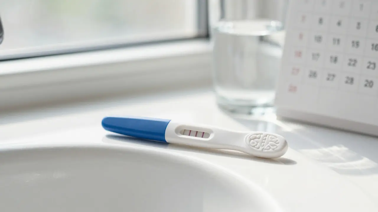 Pozitivní těhotenský test na umyvadle v ranním světle