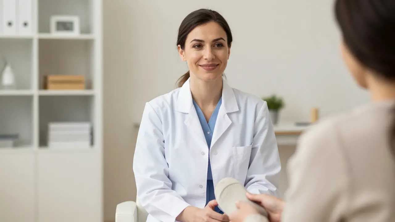 Přátelská gynekoložka v ordinaci vytváří pocit bezpečí u pacientky