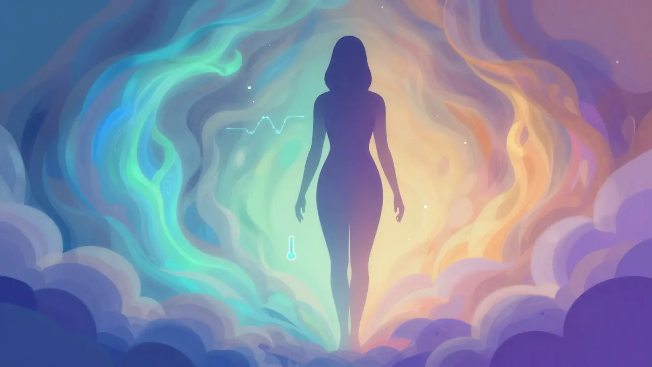 Abstraktní ilustrace hormonálních změn po ovulaci s barvami