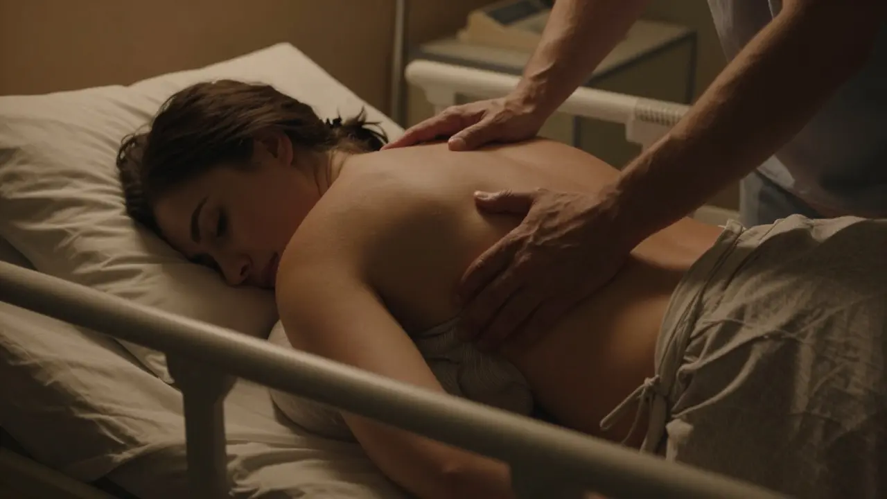 Partner podporuje ženu při porodu masáží zad