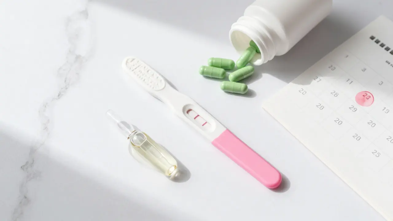 Těhotenský test, kyselina listová a kalendář na stole