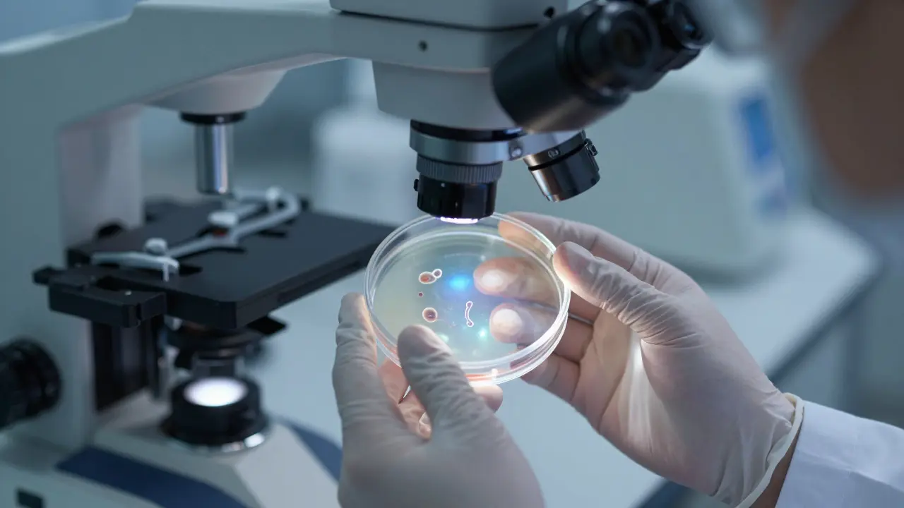 Záběr embryí ve zkumavce pod mikroskopem při genetickém testování v laboratoři