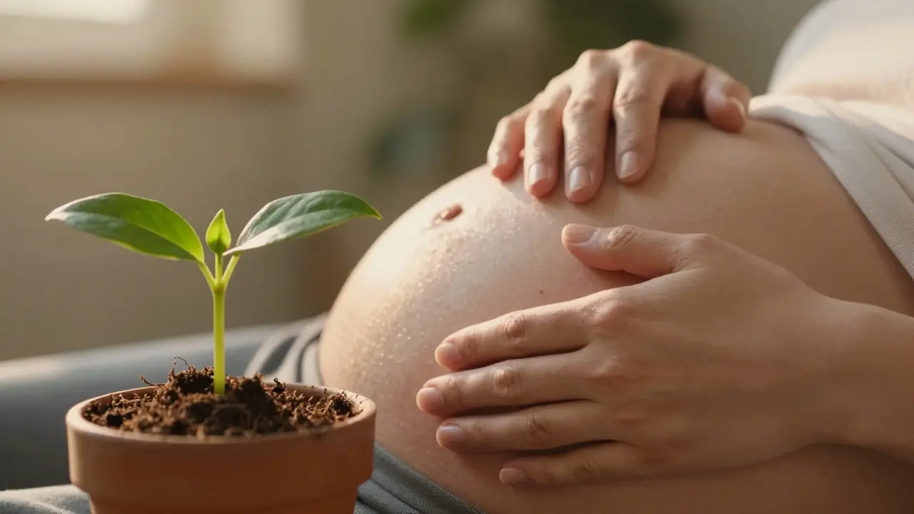 Žena s rukou na břiše vedle rostliny jako symbol života