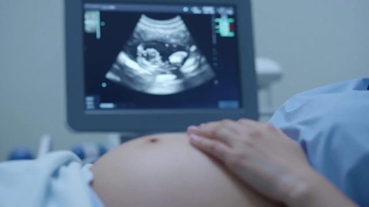 Zobrazení ultrazvuku plodu s rukama matky na břiše