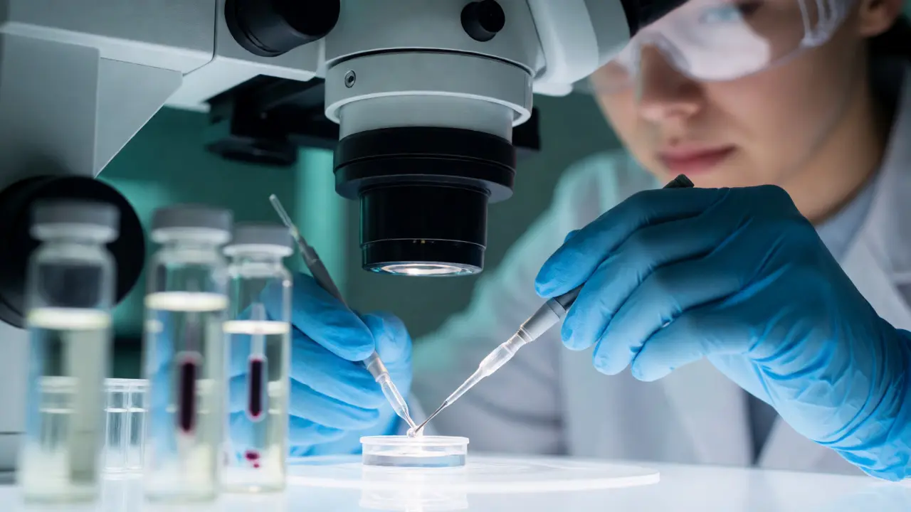 Embryolog pracuje s mikroskopem při proceduře IVF