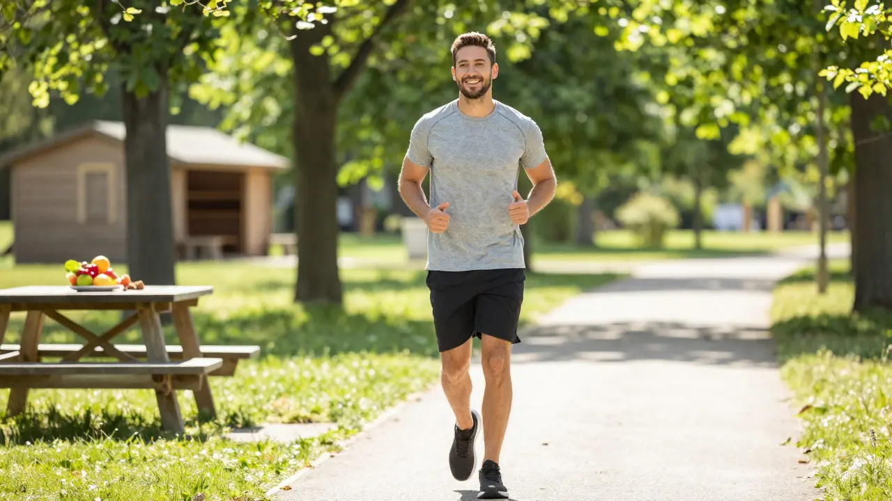 Healthy man jogging outdoors, promoting active lifestyle for fertility