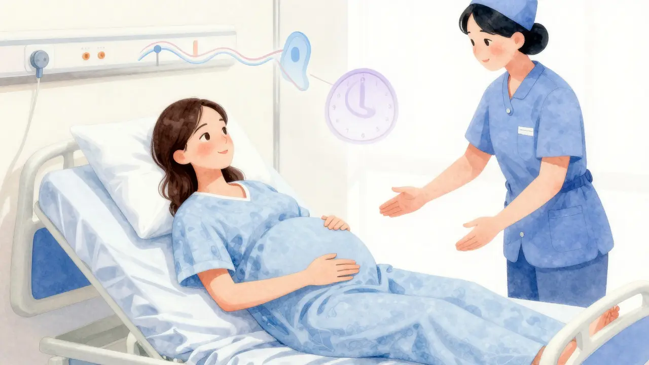 Ilustrace klidné těhotné ženy v nemocničním lůžku s porodnicí vedle