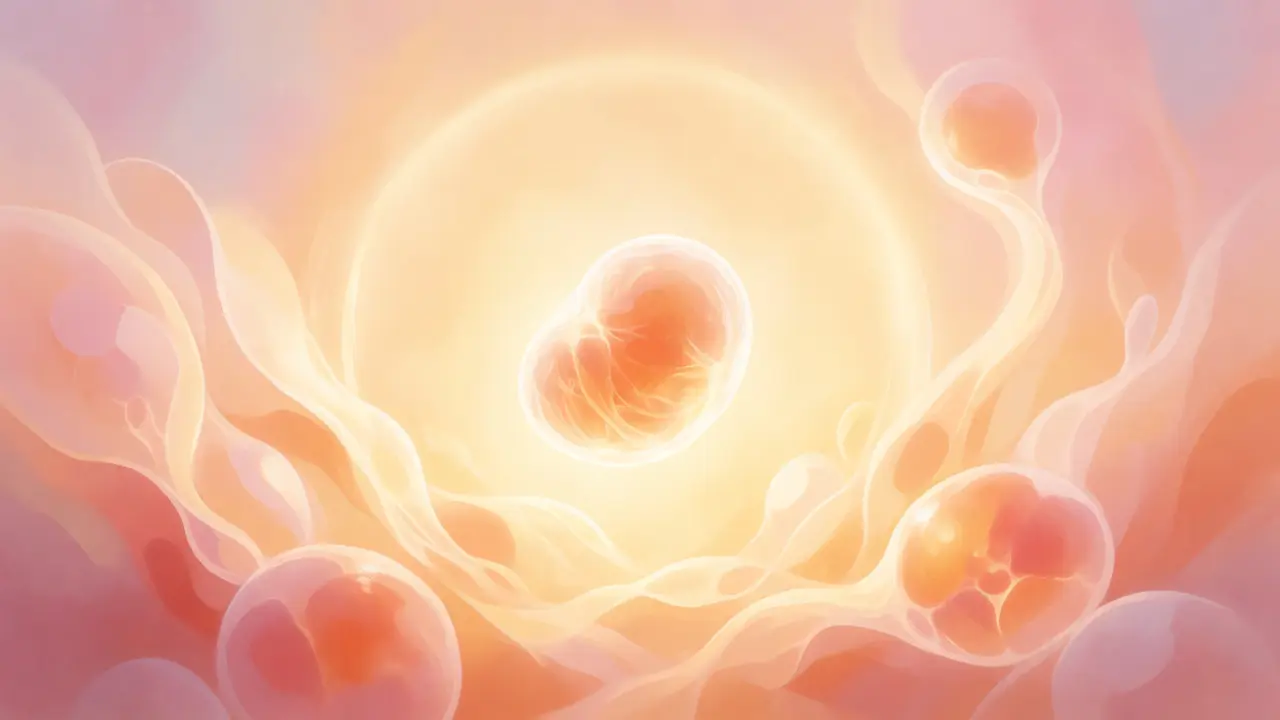 Svítící embryo obklopené teplými barvami naděje