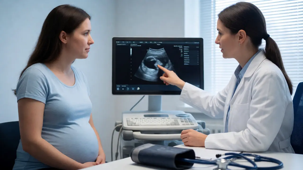 Gynekolog vysvětluje výsledky ultrazvuku těhotné pacientce v ordinaci.
