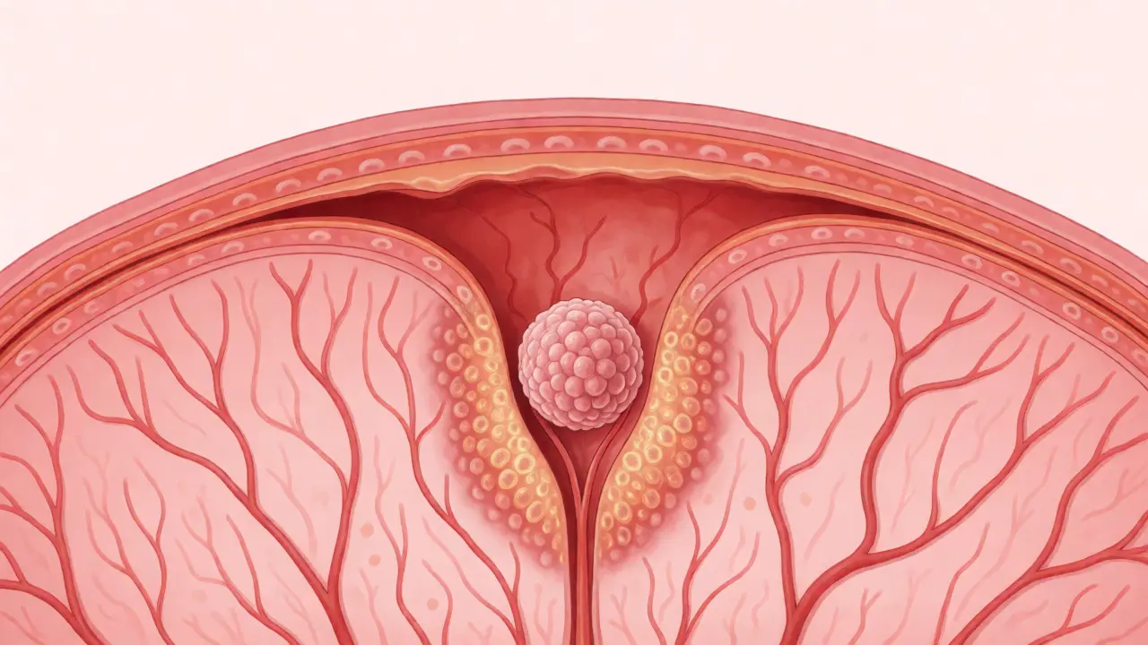 Ilustrace uhnízdění blastocysty ve stěně dělohy znázorňující biologický proces.