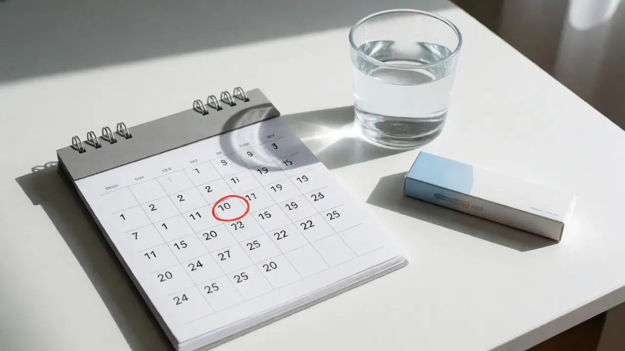 Kalendář s označeným datem, sklenice vody a krabička od těhotenského testu.