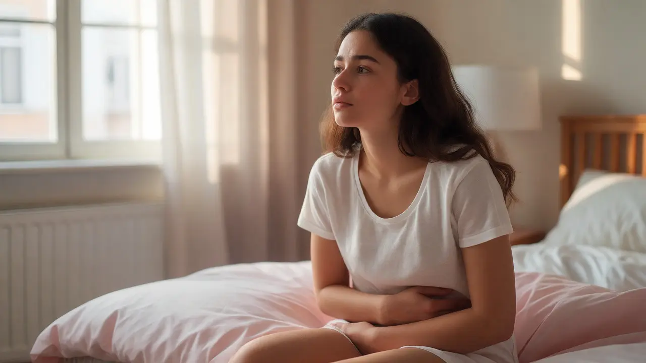 Žena čekající na výsledek těhotenského testu s rukama na břiše